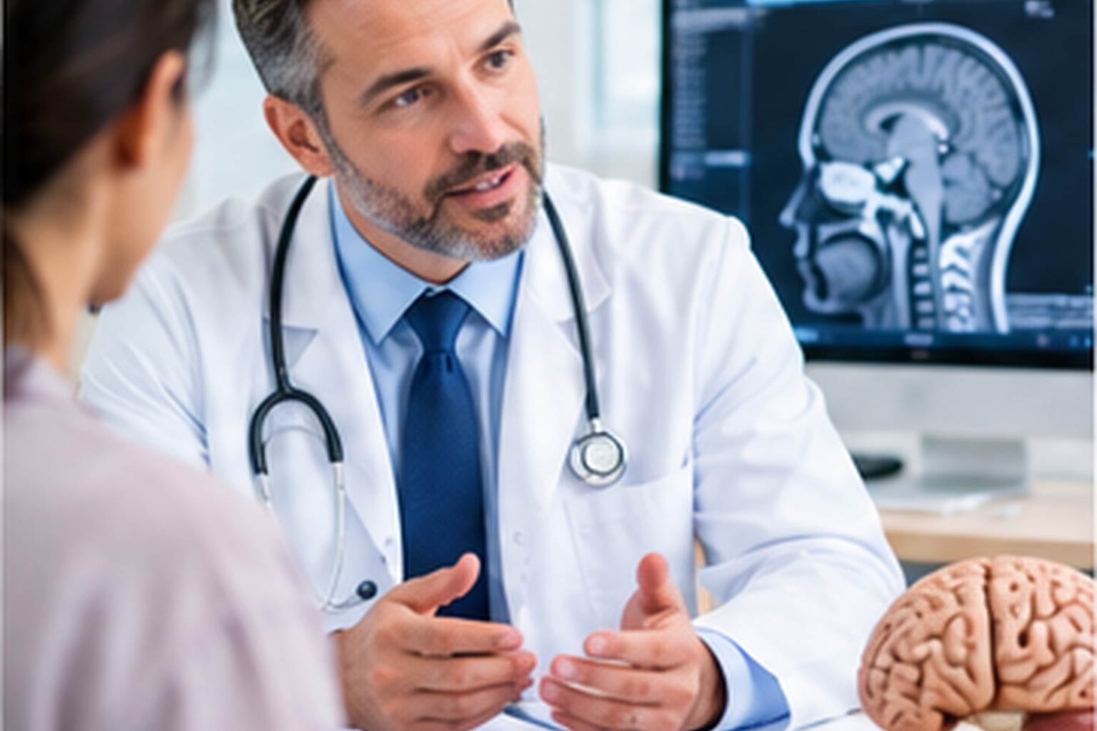 Neurosurgeon discussing treatment with a patient