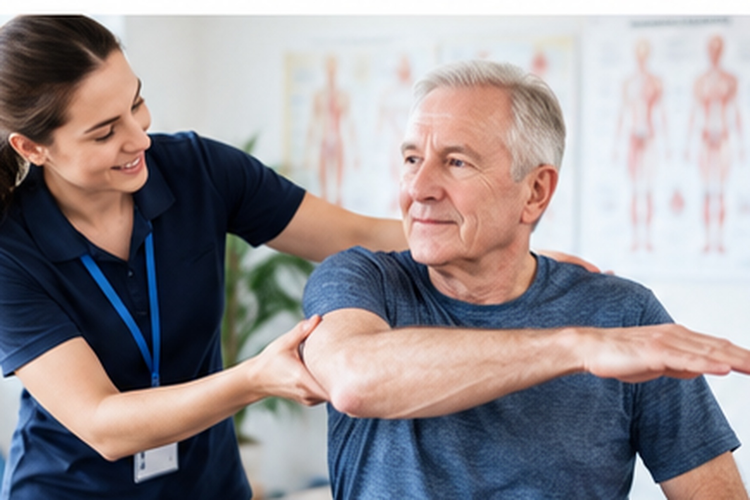 Physiotherapist supporting a patient during rehabilitation