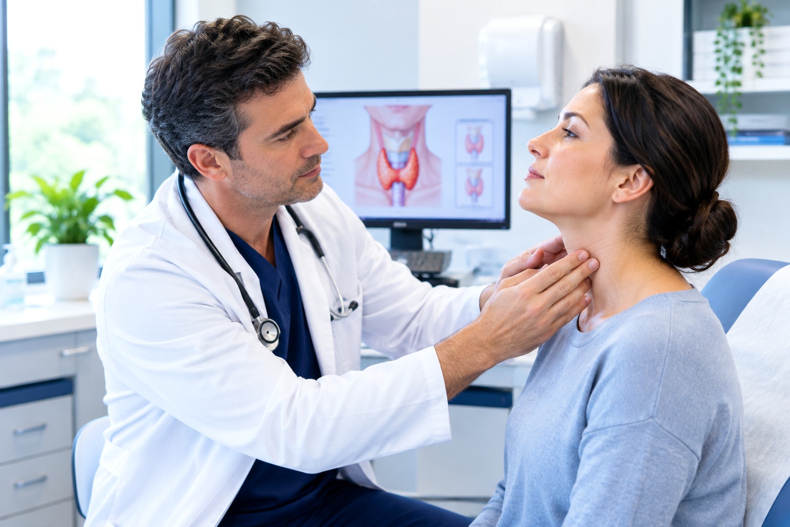 Doctor examining a patient's thyroid